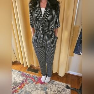 Vintage Act I NY 80s V Neck Jumpsuit Black and White Polka Dot Ruffle Blouse
